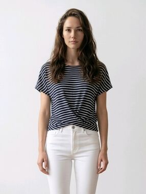 NWT Iz Byer Navy and Tan Striped Short Sleeve Top ~sz LARGE